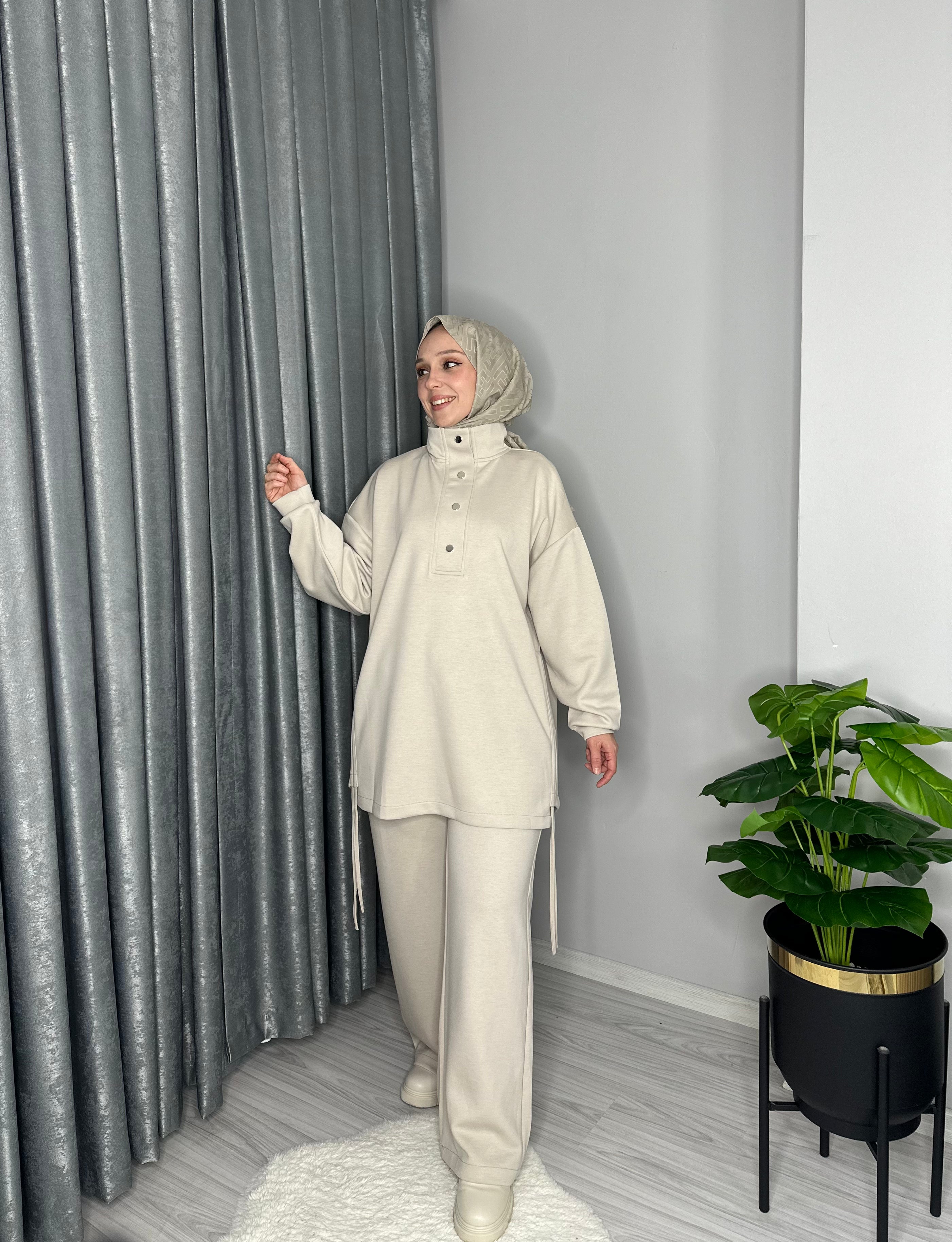 ÇITÇITLI TUNİK TAKIM-TAŞ RENGİ