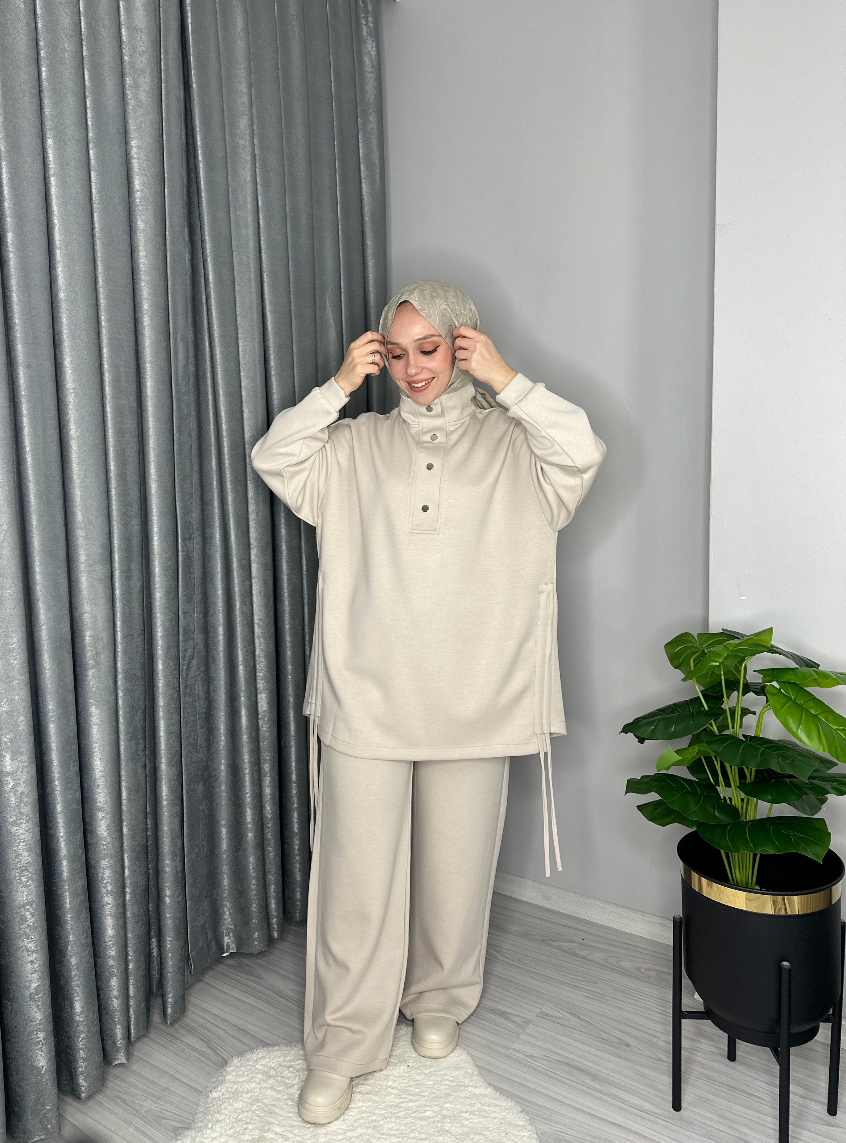 ÇITÇITLI TUNİK TAKIM-TAŞ RENGİ