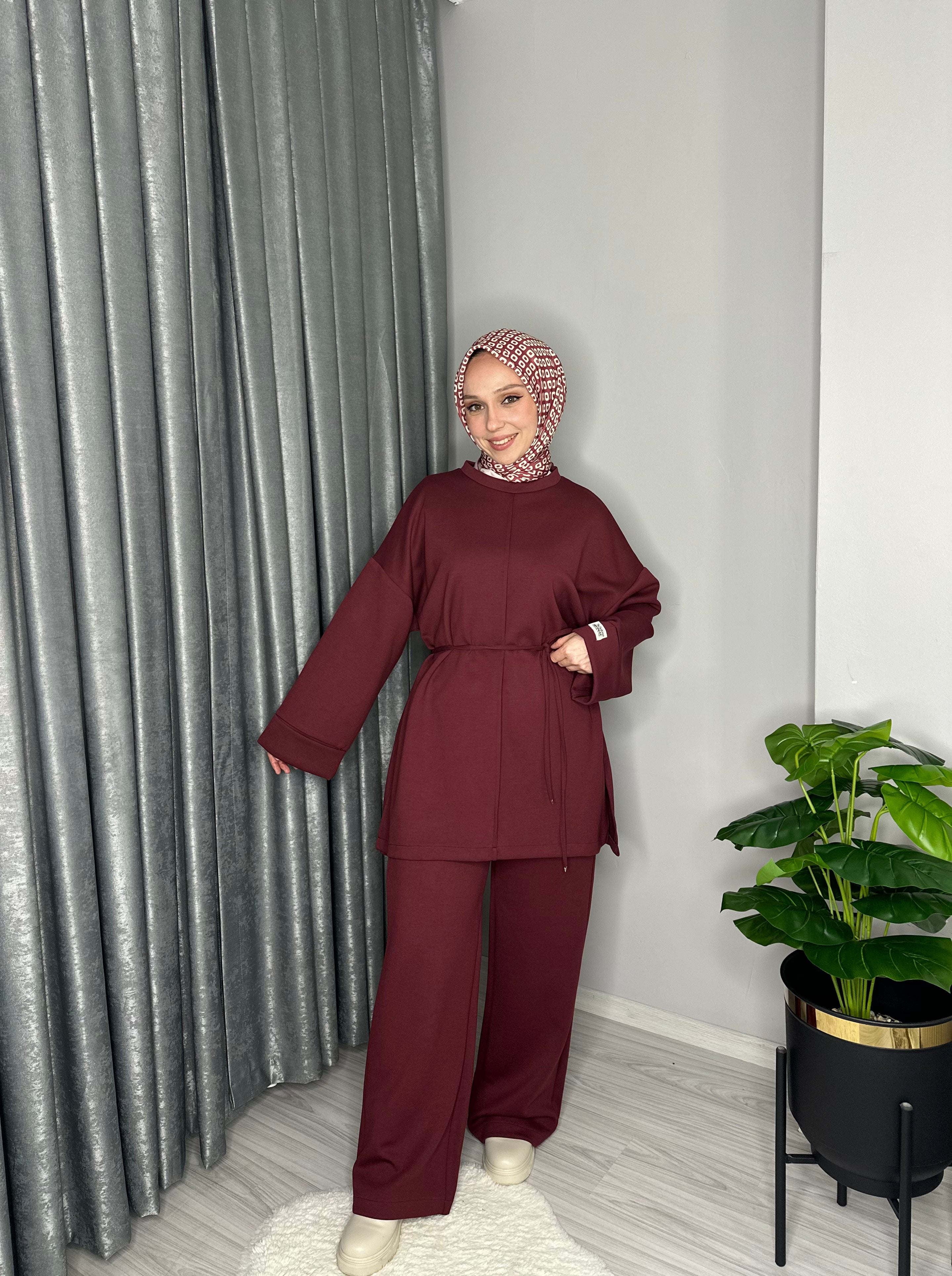 KOL KATLAMALI TUNİK TAKIM-BORDO