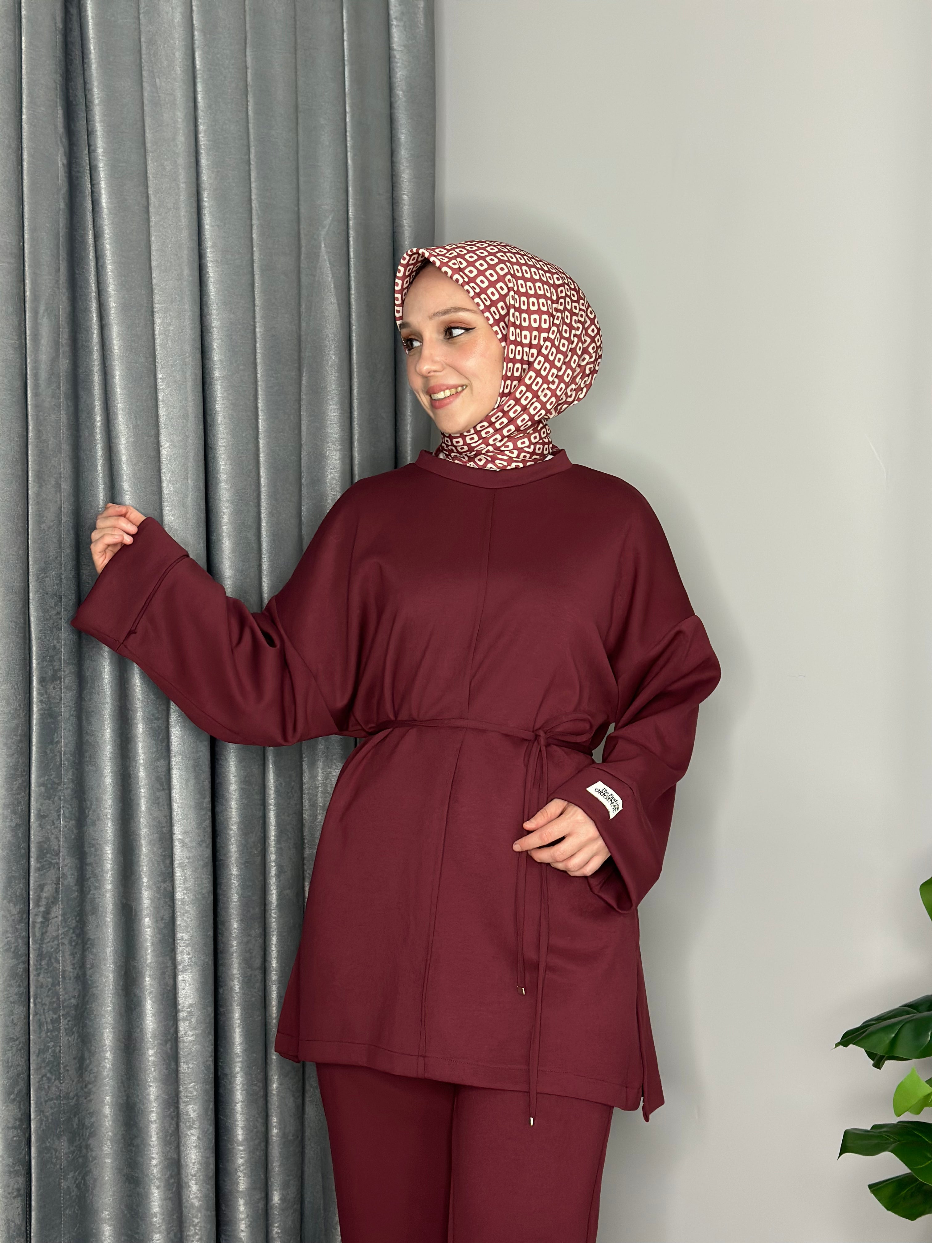 KOL KATLAMALI TUNİK TAKIM-BORDO
