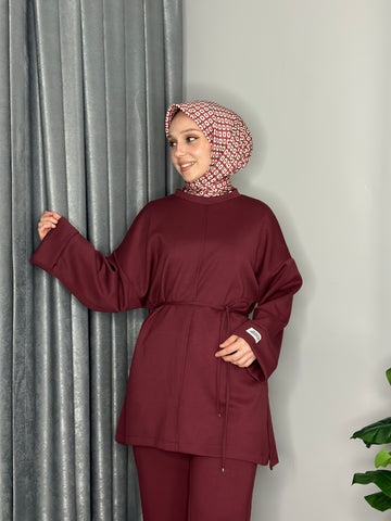 KOL KATLAMALI TUNİK TAKIM-BORDO