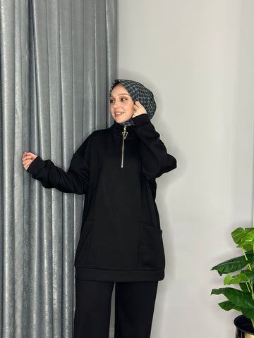 YAKA FERMUARLI CEPLİ TUNİK TAKIM-SİYAH