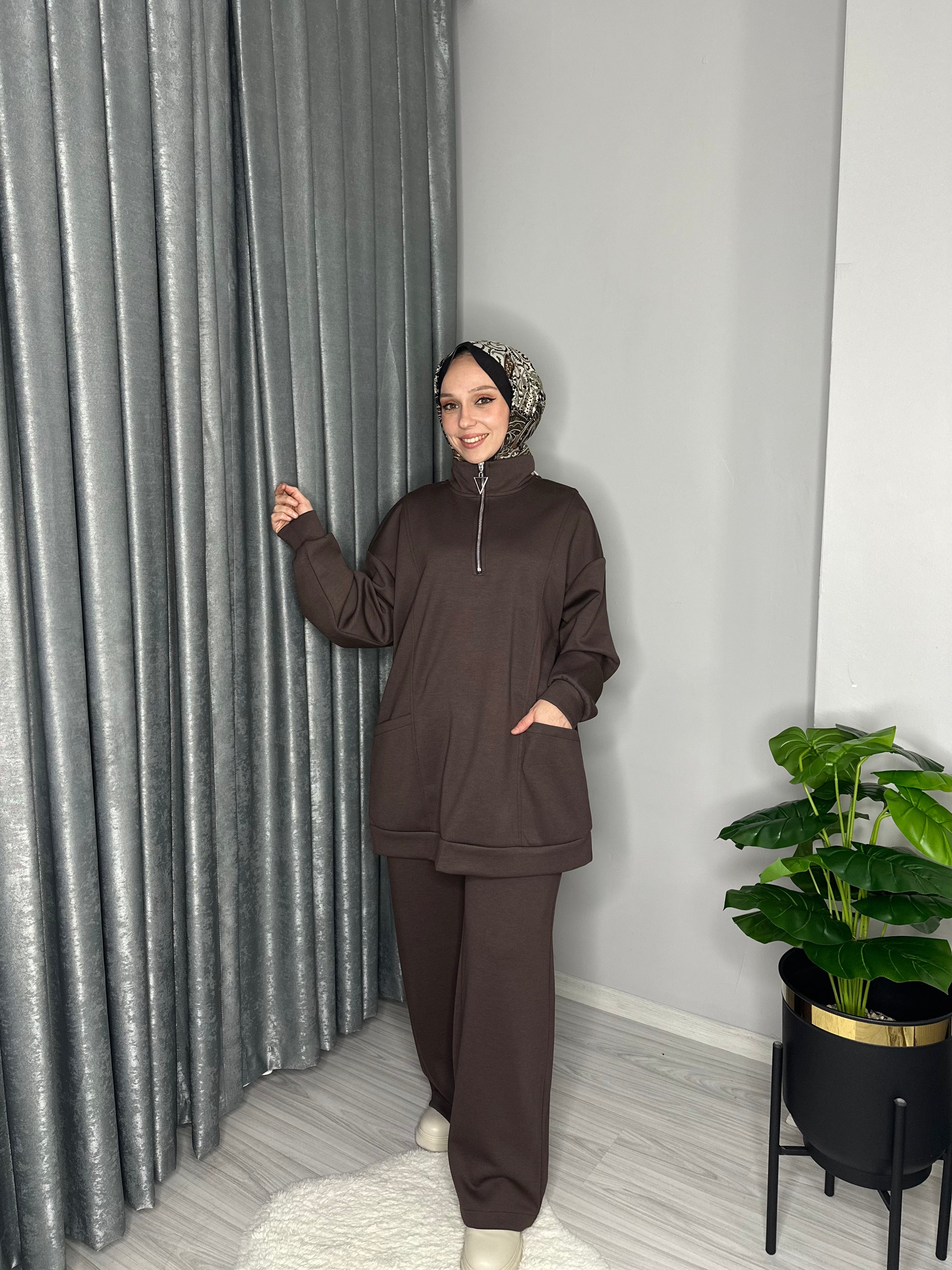 YAKA FERMUARLI CEPLİ TUNİK TAKIM-KAHVERENGİ