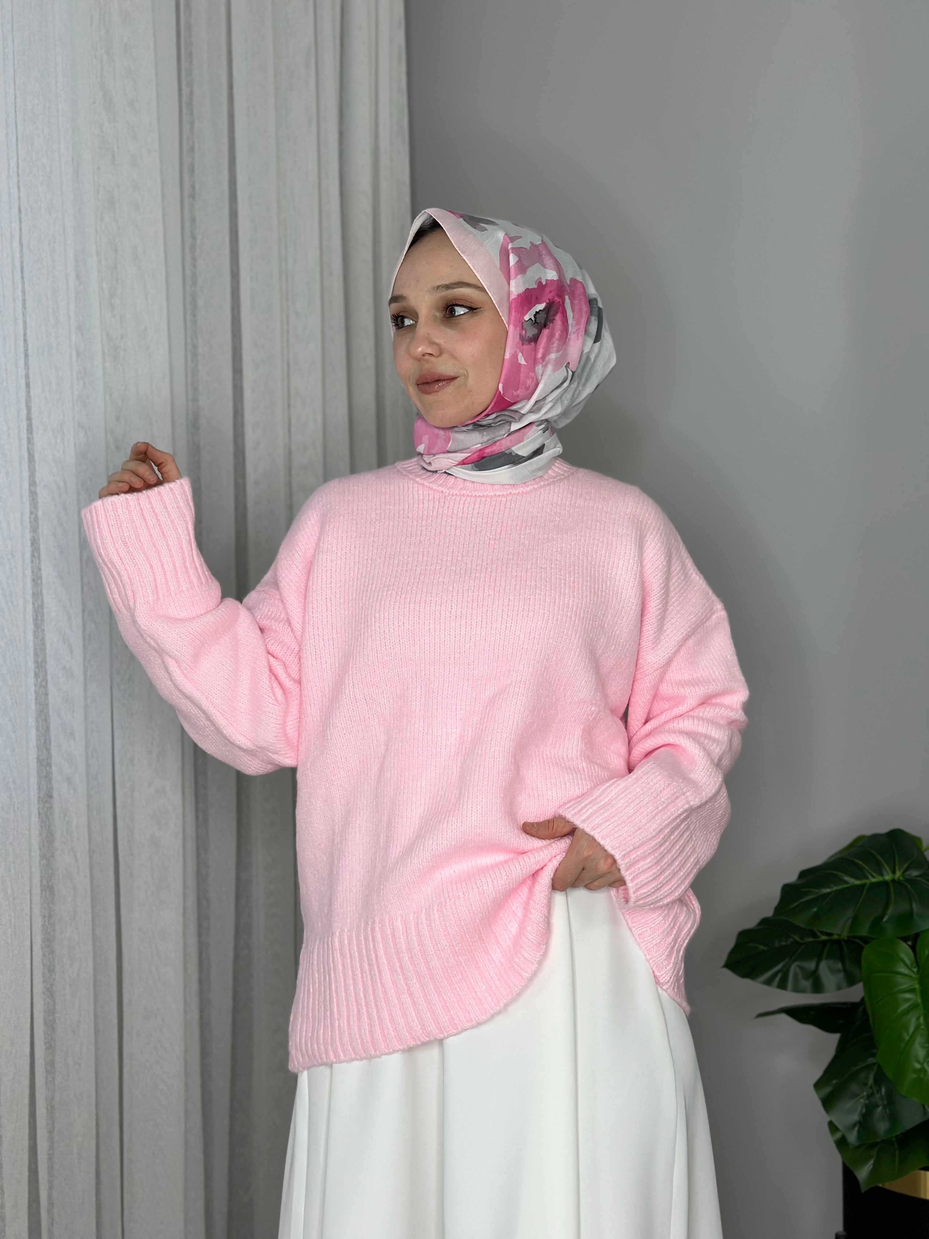 BİSİKLET YAKA KAZAK - PEMBE